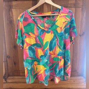 Tahari Multicolor Floral V-Neck Short Sleeve Tee 3X